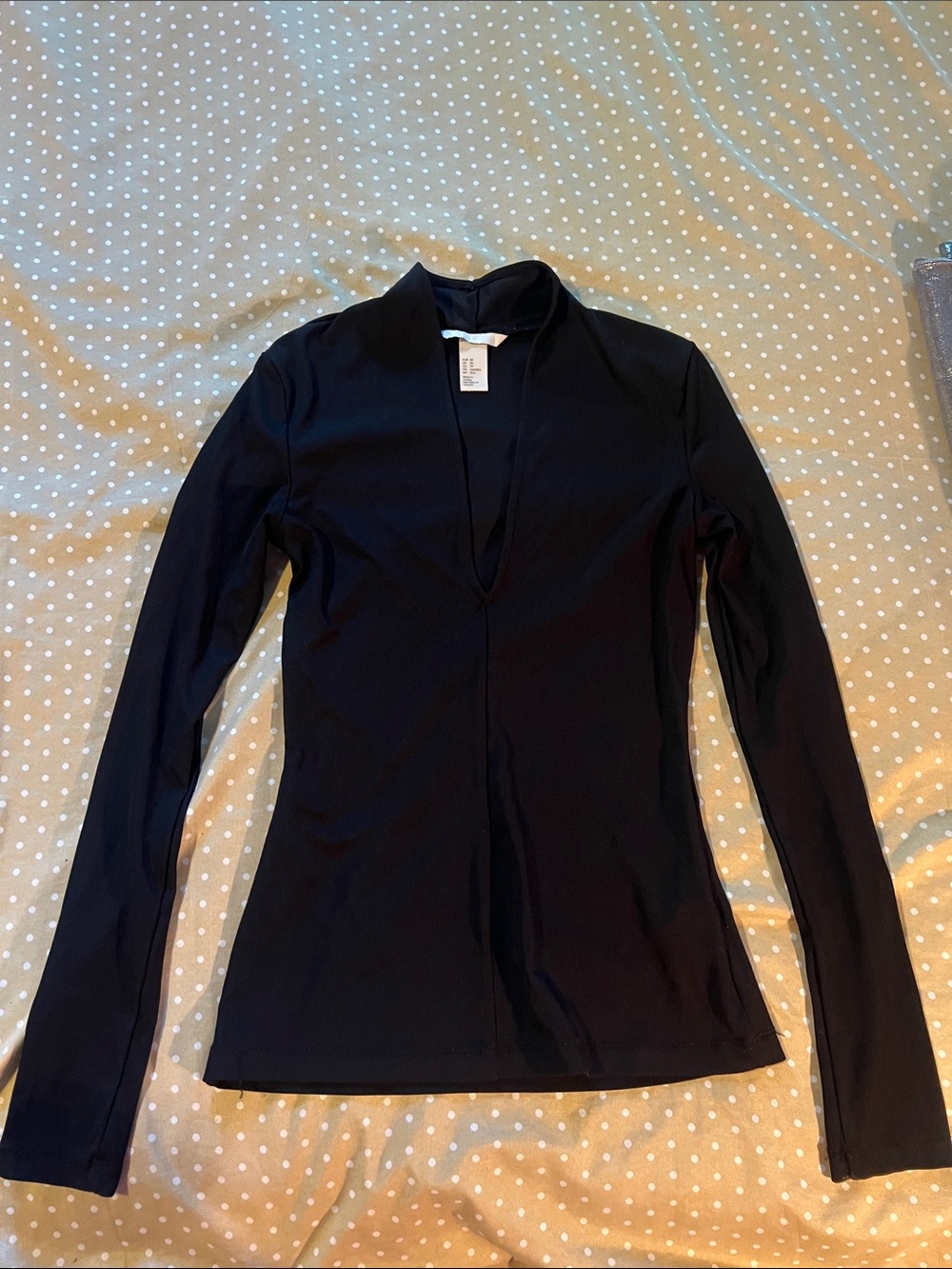 H&M Black Long Sleeve Deep V Slim Top